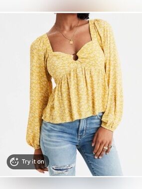 American Eagle Yellow Floral Sweetheart Long-Sleeve Peplum Top
